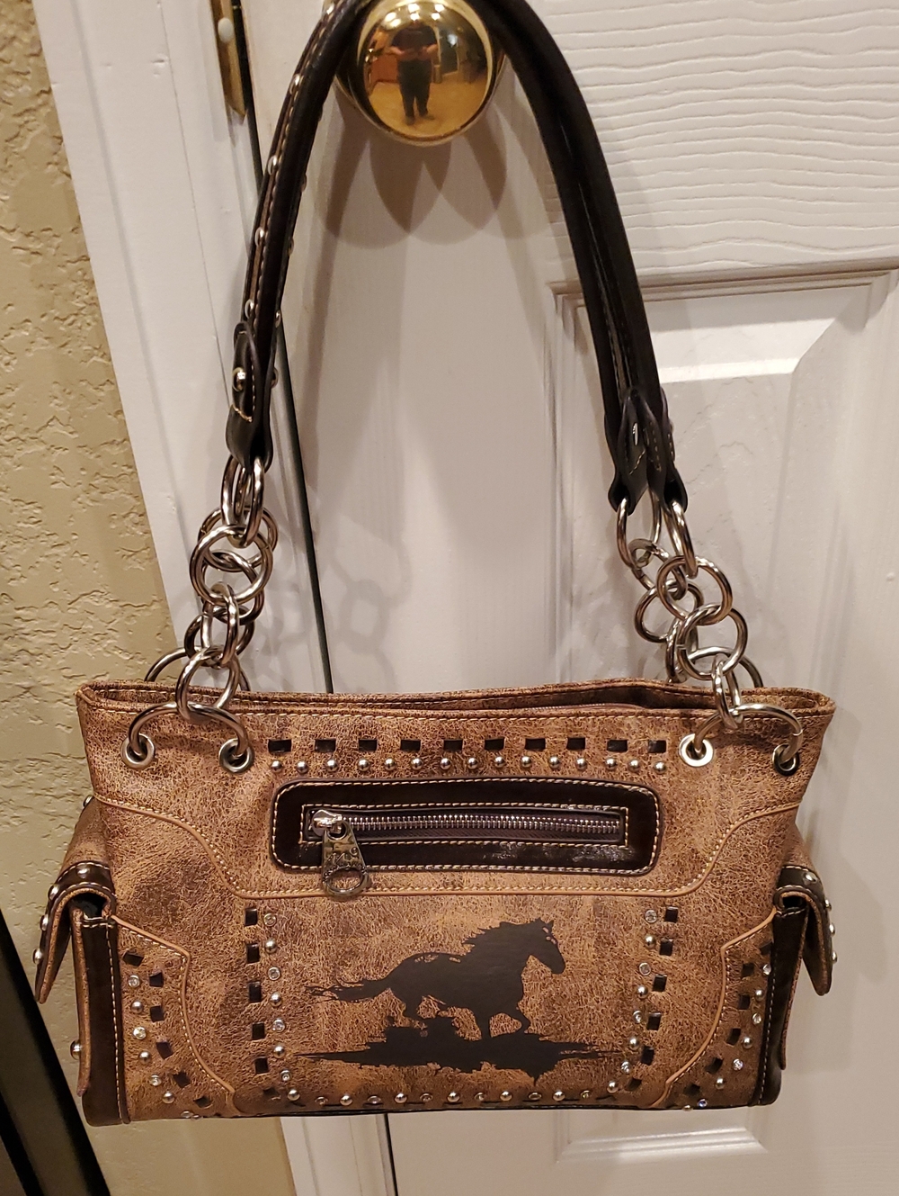 Montana West Brown Faux Leather Studded Purse with Horse Silhouette
